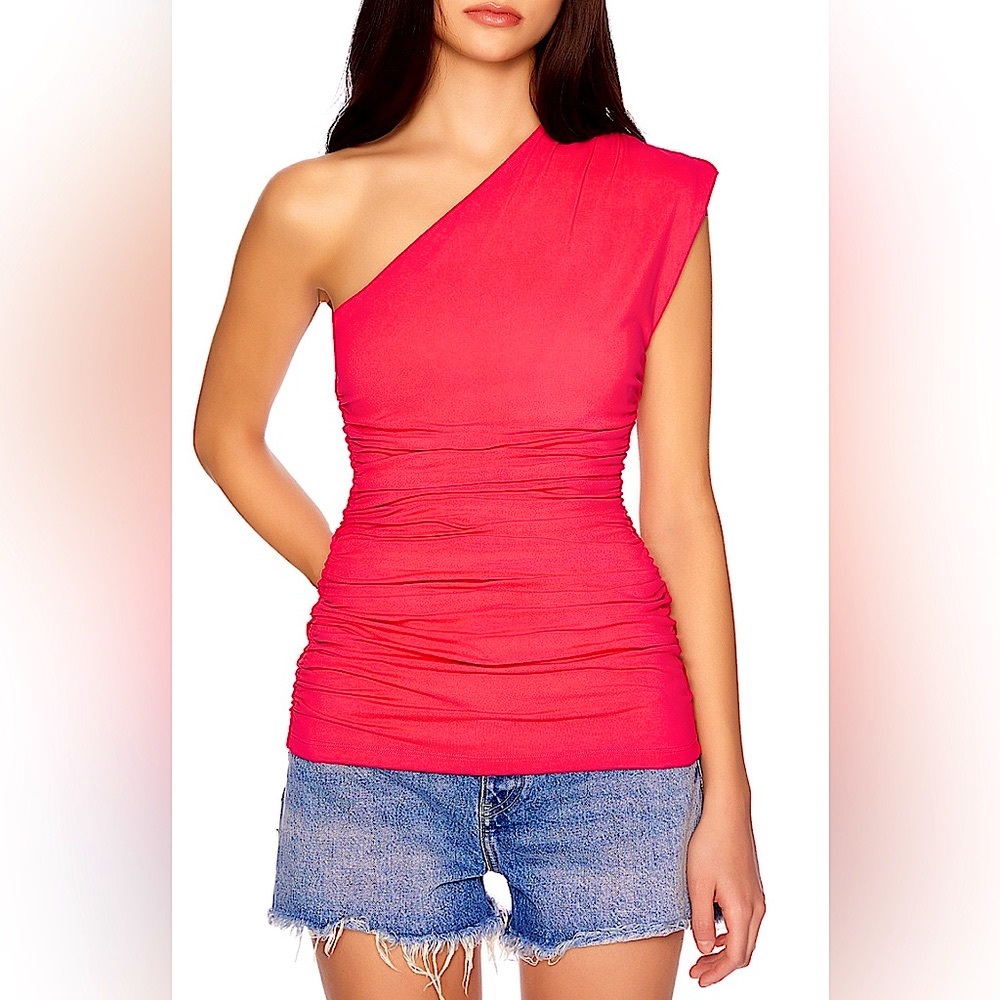 NWT Susana Monaco Revolve Ruched One-Shoulder Top Stretchy Watermelon Size S